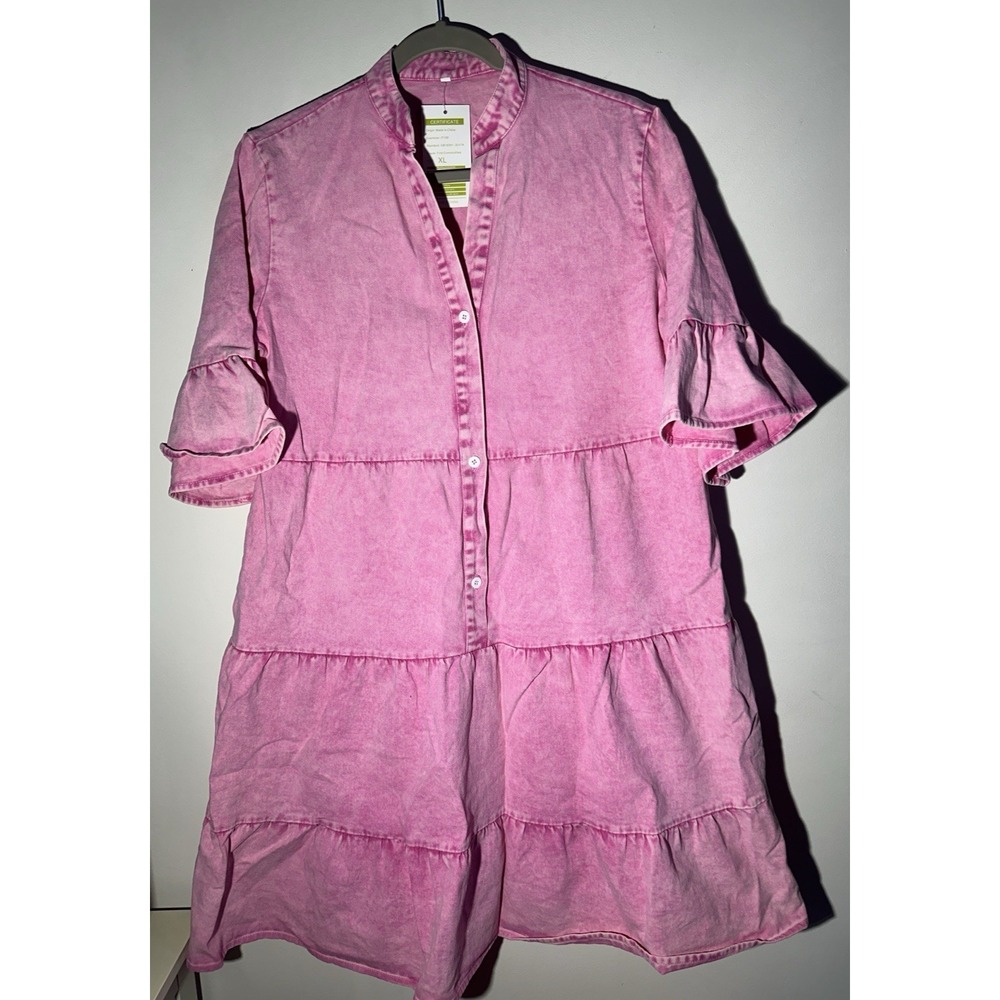 Pink Tiered‎ Ruffle Distressed Soft Jean Dress Size XL NWT